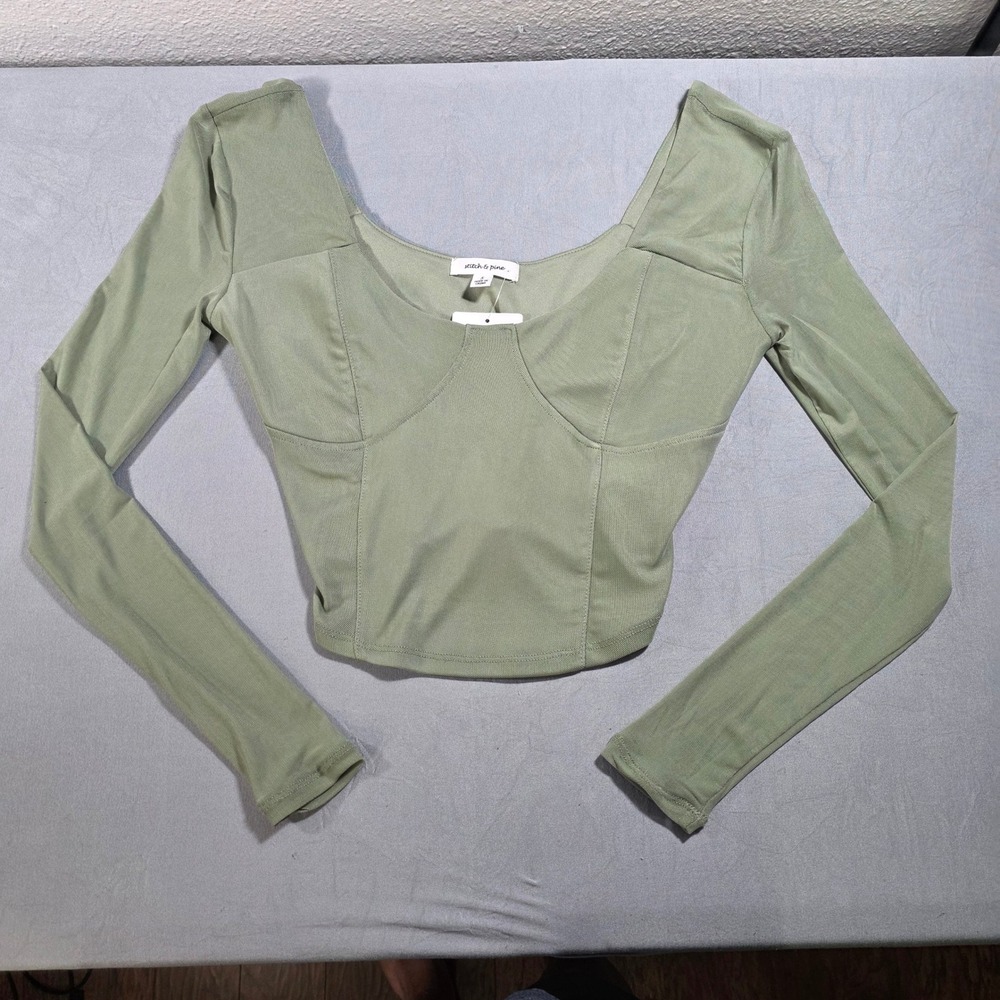 Stitch & Pine Women Seaspray Green Corset Style Long Sleeve Crop Top Small NEW